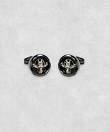 Black-coated tourbillon cufflinks – luxury watch-inspired design with moving flywheel and blue screw details
