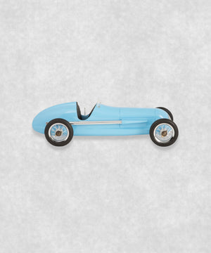 Vintage racing silberfeil car  model inspired by classic Grand Prix racers and Silver Arrow legends, featuring a blue race car body with a striking black seat. A collectible car model for motorsport and classic car enthusiasts. Viewed from  the right side.