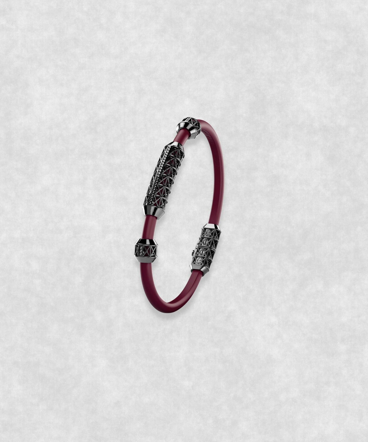 White gold-coated bracelet featuring a medium centerpiece set with 29 diamonds and a flexible bordeaux rubber band.