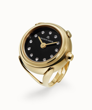 Ring watch Maison Davis in yellow gold with black onyx dial, crystal markers, Swiss made.