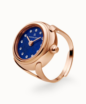 Ring watch Maison Davis in rose gold with blue lapis lazuli dial, crystal markers, Swiss made.