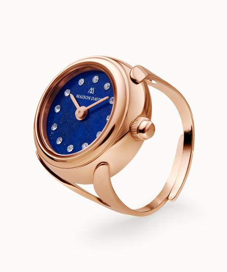 Ring watch Maison Davis in rose gold with blue lapis lazuli dial, crystal markers, Swiss made.