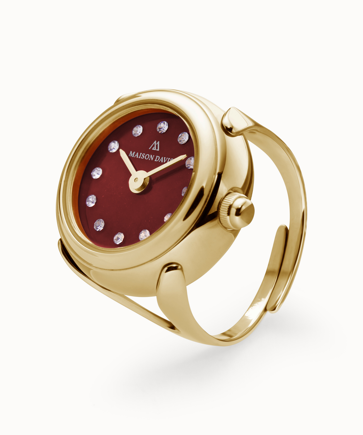 Ring watch Maison Davis in gold with red jasper dial, crystal markers, Swiss made.
