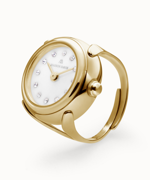 Ring watch Maison Davis in yellow gold with white jade dial, crystal markers, Swiss made.