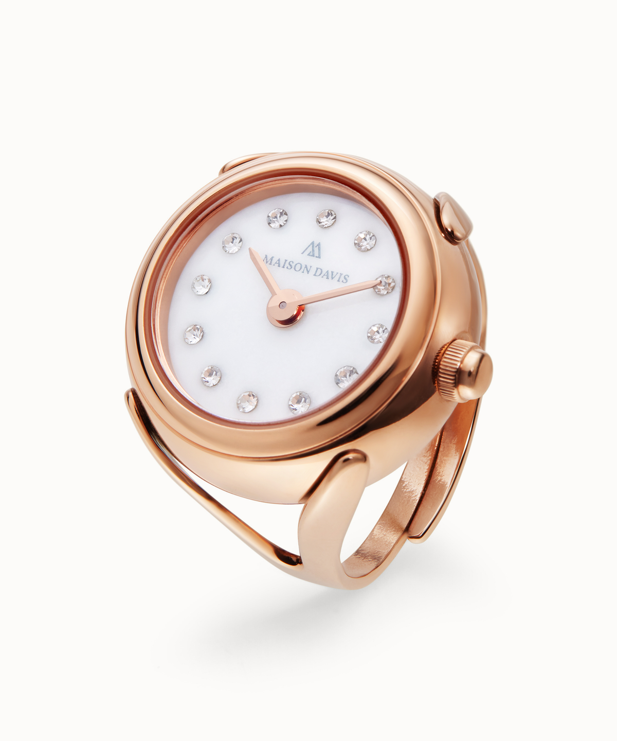 Ring watch Maison Davis in rose gold with white jade dial, crystal markers, Swiss made.