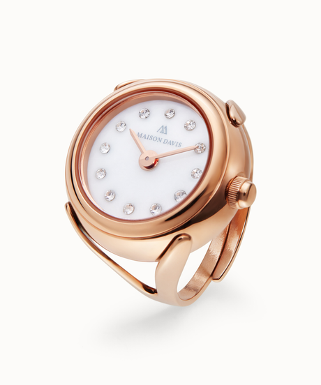 Ring watch Maison Davis in rose gold with white jade dial, crystal markers, Swiss made.