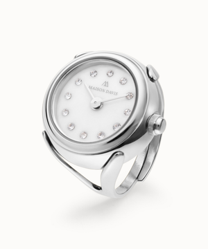Ring watch Maison Davis in stainless steel with white jade dial, crystal markers, Swiss made.