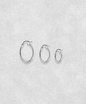 Silver hoop earrings available in three sizes – small, medium and large minimalist hoops